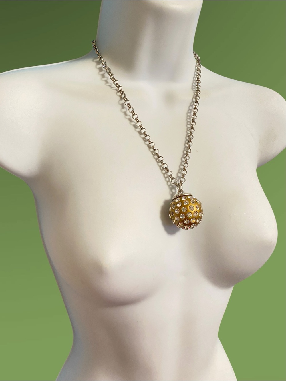 Gold Disco Ball With Rhinestones Pendant Silver Tone Chain Necklace - Picture 7 of 10